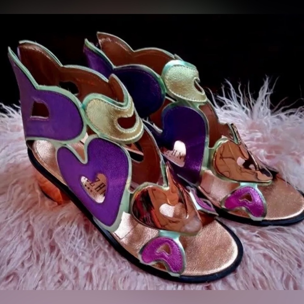 Ivy Kirzhner Metallic Rose Gold and Purple Heart Cutout Sandals